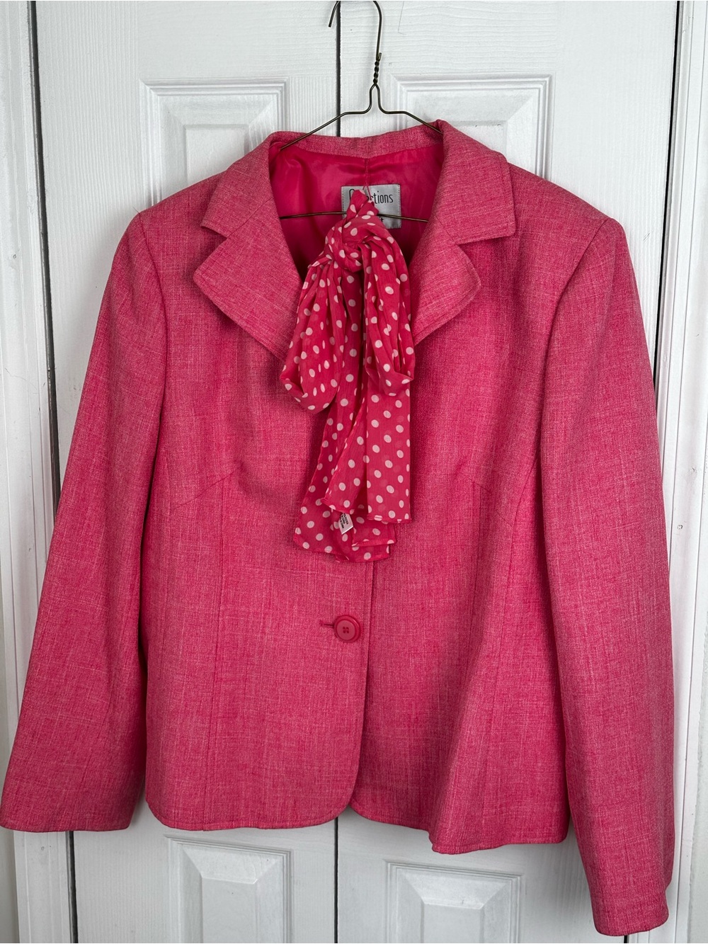 Le Suit Pink Blazer with Polka Dot Scarf